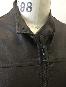 ZARA MAN, Espresso Brown, Faux Leather, Solid, Zip Front, Stand Collar, 2 Pockets, Rib Knit at Waist and Cuffs