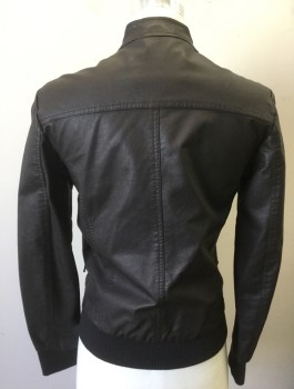 ZARA MAN, Espresso Brown, Faux Leather, Solid, Zip Front, Stand Collar, 2 Pockets, Rib Knit at Waist and Cuffs