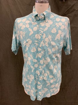 REYN SPOONER, Aqua Blue, White, Cotton, Ramie, Leaves/Vines , Button Front, Collar Attached, Button Down Collar, Short Sleeves, 1 Pocket