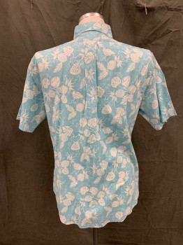 REYN SPOONER, Aqua Blue, White, Cotton, Ramie, Leaves/Vines , Button Front, Collar Attached, Button Down Collar, Short Sleeves, 1 Pocket