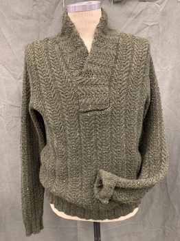 SHIPLEY HALMOS, Olive Green, Ochre Brown-Yellow, Wool, Viscose, Heathered, Herringbone, "Hello Professor!", Shawl Collar, Elbow Patches. Soft and Cozy,