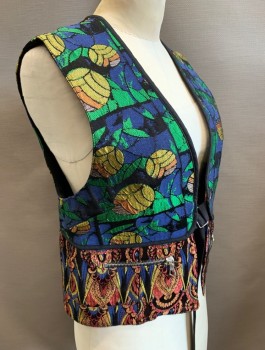 Womens, Vest, DRIES VAN NOTEN, Multi-color, Poly/Cotton, Viscose, Abstract , B:34, Sz.4, Tapestry-Like Brocade Material, Open Front with Black Grograin Ties & Brass Buckle, 2 Zip Pockets, Black Lining
