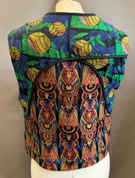 Womens, Vest, DRIES VAN NOTEN, Multi-color, Poly/Cotton, Viscose, Abstract , B:34, Sz.4, Tapestry-Like Brocade Material, Open Front with Black Grograin Ties & Brass Buckle, 2 Zip Pockets, Black Lining