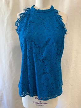 Womens, Blouse, DVF, Teal Blue, Polyester, Cotton, Floral, S, Floral Lace Pattern, Halter Neck, Key Hole at Back, Sleeveless