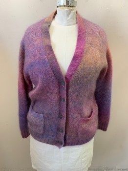 Womens, Sweater, NL, Purple, Pink, Orange, Blue, Wool, Ombre, B: 44, Multicolor Gradient, V-neck, Knit, Single Breasted, Button Front, 5 Buttons, 2 Pockets