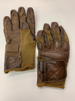 Unisex, Sci-Fi/Fantasy Gloves, MTO, Sienna Brown, Dk Brown, Caramel Brown, Leather, Cotton, Color Blocking, OS, Tactical, Aged/Worn, Velcro Closure, Reinforced Knuckles, Palm
