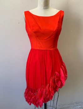 Womens, Cocktail Dress, JR. THEME, Red, Silk, Solid, W:26, B:34, Chiffon Over Orange Opaque Base, Sleeveless, Scoop Neck, Gathered Asymmetrical Skirt with Scallopped Ruffle Edge, Hem Above Knee,  Center Back Zipper,