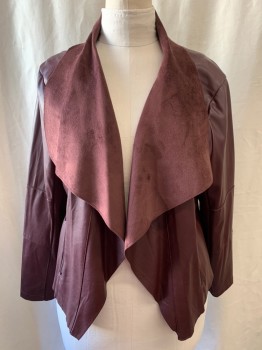 BAGATELLE, Red Burgundy, Polyester, Faux Leather, Solid, Draped Suede, Open Front, Side Zip Pockets, Rib Knit Under Arms, Long Sleeves