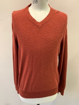 BANANA REPUBLIC, Rust Orange, Cotton, Solid, Bumpy Texture Knit, Long Sleeves, V-neck