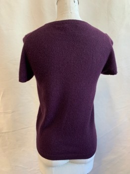 BLOOMINGDALE'S, Aubergine Purple, Cashmere, Solid, Scoop Neck, Short Sleeves, Ribbed Knit Waistband/Cuff