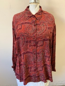 STYLE & CO, Maroon Red, Red, Black, Gray, White, Silk, Paisley/Swirls, Long Sleeves, Button Front, Collar Attached