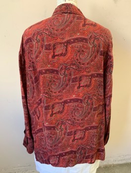 STYLE & CO, Maroon Red, Red, Black, Gray, White, Silk, Paisley/Swirls, Long Sleeves, Button Front, Collar Attached