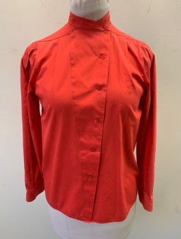 Womens, Blouse, REGINA PORTER, Tomato Red, Cotton, Solid, Sz.10, B:38, Long Sleeves, Diagonal Button Placket in Front, Band Collar,  Pleat at Shoulder, Unusual Yoke at Shoulders with Pointed Center Back,