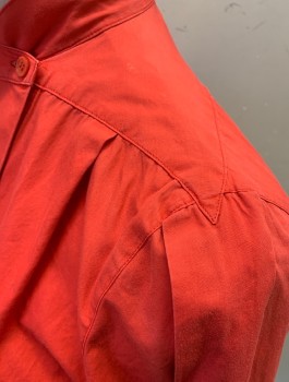 REGINA PORTER, Tomato Red, Cotton, Solid, Long Sleeves, Diagonal Button Placket in Front, Band Collar,  Pleat at Shoulder, Unusual Yoke at Shoulders with Pointed Center Back,