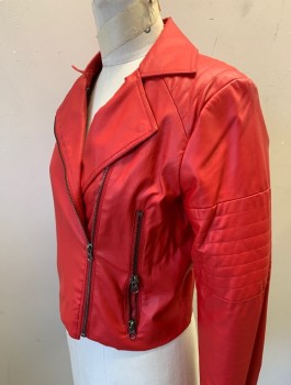 Womens, Leather Jacket, MURAL, Red, Faux Leather, Solid, S, Zip Front, Biker Style Jacket, Notched Flaps/Collar, 2 Zip Pockets, Ribbed Stitching on Upper Sleeves, Zippers at Cuffs, Lightly Padded Shoulders, **Flaking Off Material at Back Neck