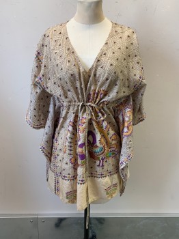 NL, Beige, Brown, Goldenrod Yellow, Purple, Cotton, Triangles, Leaves/Vines , All Over Embroider, Pullover, V-N,  Bat-Wing Sleeves, Gathered Under Bust, Drawstring