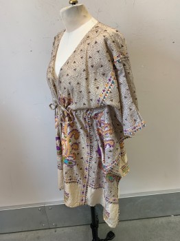 NL, Beige, Brown, Goldenrod Yellow, Purple, Cotton, Triangles, Leaves/Vines , All Over Embroider, Pullover, V-N,  Bat-Wing Sleeves, Gathered Under Bust, Drawstring