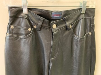 Womens, Leather Pants, TOMMY JEANS, Black, Leather, Solid, "5", W 27, Zip Fly, 5 Pockets, Belt Loops, Seams Above Knees, Size Inside Says 5