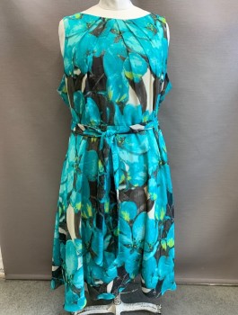 Womens, Dress, Sleeveless, JESSICA HOWARD, Turquoise Blue, Lime Green, Black, Ecru, Polyester, Floral, Sz.22, Chiffon, Bateau/Boat Neck, Pleats Along Neckline, A-Line, Knee Length, Invisible Zipper in Back, **With Matching Fabric Belt