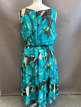 Womens, Dress, Sleeveless, JESSICA HOWARD, Turquoise Blue, Lime Green, Black, Ecru, Polyester, Floral, Sz.22, Chiffon, Bateau/Boat Neck, Pleats Along Neckline, A-Line, Knee Length, Invisible Zipper in Back, **With Matching Fabric Belt