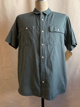 MOUNTAIN HADWARE, Green, Cotton, Polyester, Solid, Button Front, Collar Attached, Short Sleeves, 2 Pockets,