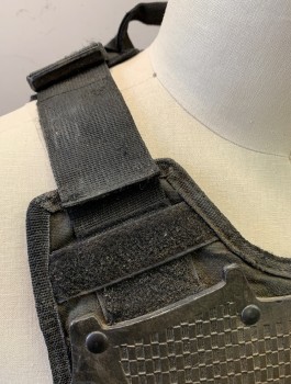Mens, Breastplate, MTO, Black, Pewter Gray, Nylon, Plastic, C36-42, Adj, Molded Plastic Layered Pieces At Front, Nylon Base Layer, 2 Snap Buckles on Shoulders, Velcro Closures at Sides, Made To Order, Body Armor, Aged, **Missing Back Pieces