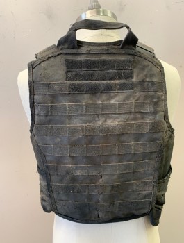 Mens, Breastplate, MTO, Black, Pewter Gray, Nylon, Plastic, C36-42, Adj, Molded Plastic Layered Pieces At Front, Nylon Base Layer, 2 Snap Buckles on Shoulders, Velcro Closures at Sides, Made To Order, Body Armor, Aged, **Missing Back Pieces
