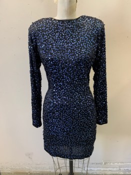 Womens, Cocktail Dress, NL, Midnight Blue, Black, Blue, Polyester, W30, B36, Long Sleeves, Sabrina Neckline, Long Sleeves, Zip Back, Invisible Zipper, Blue Sequins, Black Small Tube Beads, Shoulder Pads, Low Back,