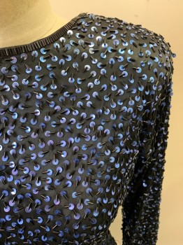 Womens, Cocktail Dress, NL, Midnight Blue, Black, Blue, Polyester, W30, B36, Long Sleeves, Sabrina Neckline, Long Sleeves, Zip Back, Invisible Zipper, Blue Sequins, Black Small Tube Beads, Shoulder Pads, Low Back,