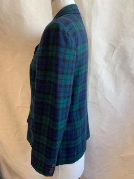 Womens, Blazer, PENDELTON, Forest Green, Navy Blue, Black, Wool, Plaid, W34, B38, Sz12, Single Breasted, Notched Lapel, 2 Buttons,  2 Flap Pocket,