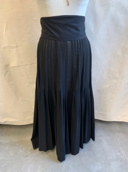 Womens, Skirt 1890s-1910s, NL , Black, Synthetic, W: 32, A-Line, Wide Solid Waistband, Pleated, Hook & Eye Back, Floor Length Hem