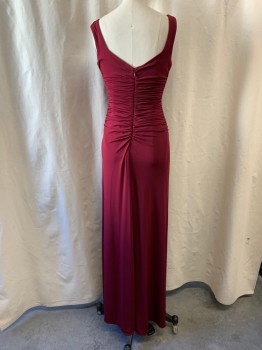 LAUNA SHELL SEGAL, Red Burgundy, Polyester, Spandex, Solid, Sweetheart Neckline, Sleeveless, Ruched to Side, Zip Back, Floor Length