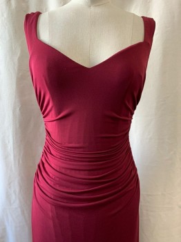 LAUNA SHELL SEGAL, Red Burgundy, Polyester, Spandex, Solid, Sweetheart Neckline, Sleeveless, Ruched to Side, Zip Back, Floor Length