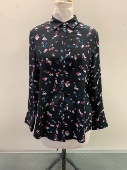 BANANA REPUBLIC, Black, Multi-color, Silk, Floral, C.A., Button Front, L/S, Pink And Blue Flowers