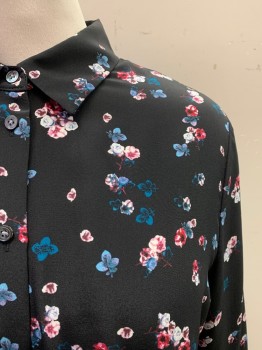 BANANA REPUBLIC, Black, Multi-color, Silk, Floral, C.A., Button Front, L/S, Pink And Blue Flowers