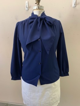 N/L, Navy Blue, Polyester, Solid, C.A., Button Front, L/S, Ties at Neck