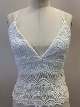 REVERSE, White, Polyester, Solid, Lace, Button At Back, Self Tie Neck