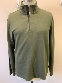 DKNY, Dk Olive Grn, Poly/Cotton, Solid, Long Sleeves, Half Zip, Stand Up Collar, Rib Knit, Logo Tag in Side Seam