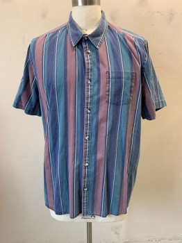 URBAN OUTFITTERS, Faded Navy, Mauve Purple, Teal Blue, Cream, White, Cotton, Stripes - Vertical , Collar Attached, Button Front, Long Sleeves, 1 Chest Pocket