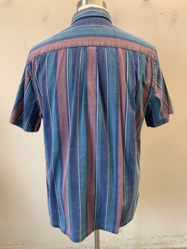 URBAN OUTFITTERS, Faded Navy, Mauve Purple, Teal Blue, Cream, White, Cotton, Stripes - Vertical , Collar Attached, Button Front, Long Sleeves, 1 Chest Pocket