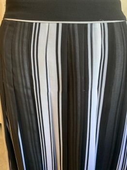HALOGEN, Black, White, Polyester, Stripes - Vertical , Below Knee, Down Pleat, Zipper at Left Side Waist
