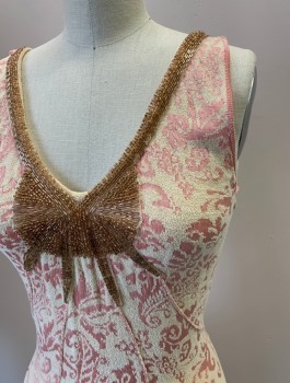 FREE PEOPLE, Blush Pink, Cream, Rayon, Nylon, Brocade, V-N, Knit Brocade Pattern, Beaded Necklace And Detailing, Self Piping Style Lines