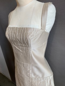 VERSACE, Lt Beige, Cotton, Silk, Solid, Reptile/Snakeskin, Sleeveless, Square Neck, Back Zipper, Wire Boned Skirt for Unusual Basket Structure