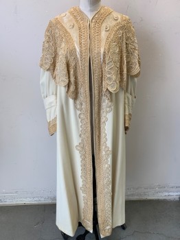 Womens, Coat 1890s-1910s, B.ALTMAN & CO, Cream, Ecru, Wool, Solid, B:34, S, Large Ecru Lace Caped Shoulders with Velvet Inset, 3/4 Sleeves with Cuff and Lace Detail, Open Front with Hook & Eyes, Ankle Length, Beige Lining with Self Arrows Pattern,