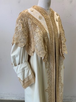 Womens, Coat 1890s-1910s, B.ALTMAN & CO, Cream, Ecru, Wool, Solid, B:34, S, Large Ecru Lace Caped Shoulders with Velvet Inset, 3/4 Sleeves with Cuff and Lace Detail, Open Front with Hook & Eyes, Ankle Length, Beige Lining with Self Arrows Pattern,