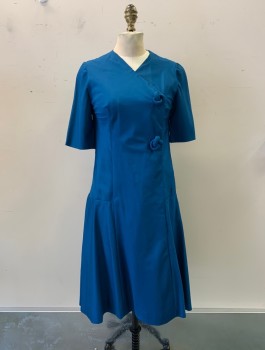 MTO, Teal Blue, Rayon, Solid, Asymmetrical V-N, S/S, 2 Knots on Bust, Dropped Waist