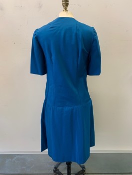 MTO, Teal Blue, Rayon, Solid, Asymmetrical V-N, S/S, 2 Knots on Bust, Dropped Waist