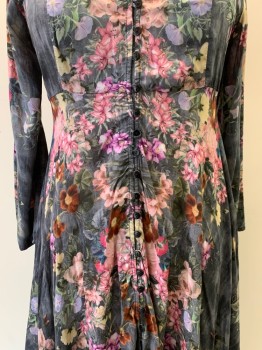 FEATHERS BY TOLANI, Dk Gray, Gray, Multi-color, Rayon, Floral, Faded, L/S, Button Front, V-N, Watercolor Style Print
