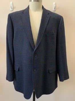 TOMMY HILFIGER, Dk Blue, Brown, Wool, Plaid-  Windowpane, 2 Buttons, Single Breasted, Notched Lapel, 3 Pockets