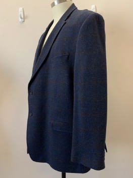 TOMMY HILFIGER, Dk Blue, Brown, Wool, Plaid-  Windowpane, 2 Buttons, Single Breasted, Notched Lapel, 3 Pockets